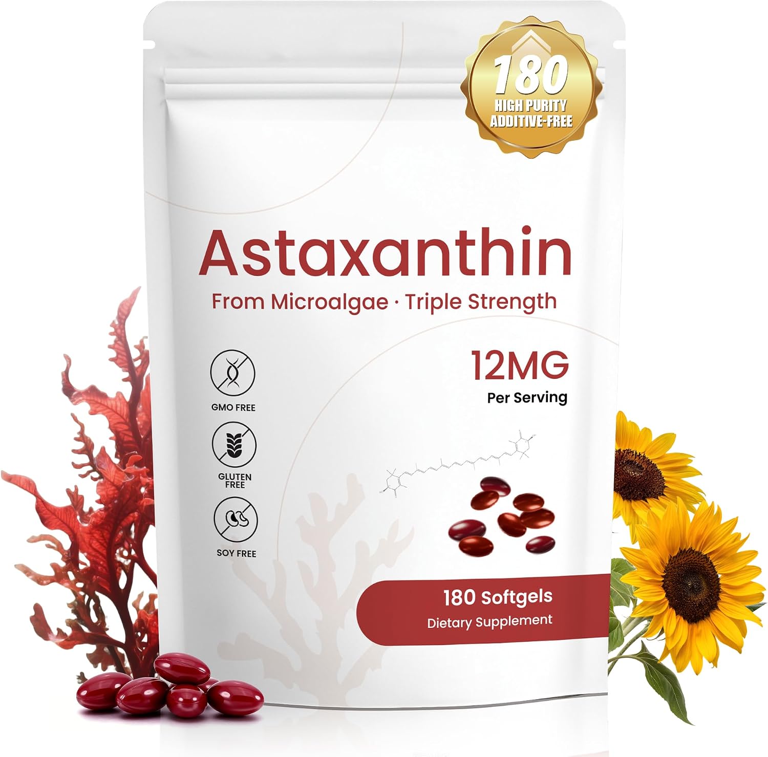 Suplemento de astaxantina de 12 mg, 180 cápsulas blandas, suministro para 6 meses